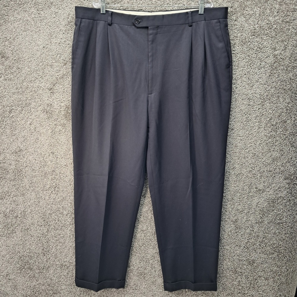 Joseph & Feiss Mens Pleated Wool Blend Dress Pants Navy Blue 44x32 Cuffed
